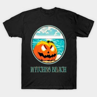 aggressive laughing halloween pumpkin on the beach with a tan on the bloody witches beach T-Shirt